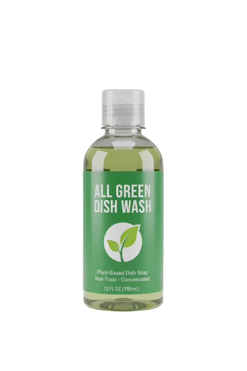 A 12 fl oz clear plastic bottle of All Green Dish Wash with a green label and white cap, centered on a light gray background.
