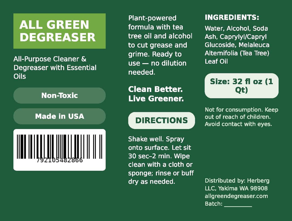 The back of a green product box for All Green Degreaser, showing the ingredients, directions, barcode, and distribution details on a dark green background.