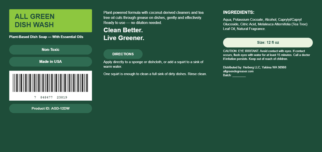 Back label of All Green Dish Soap, product code ADD-120W, on a dark green background. The label includes a white barcode, product description, ingredients list, directions, and a light green box showing the size as 12 fl oz. 