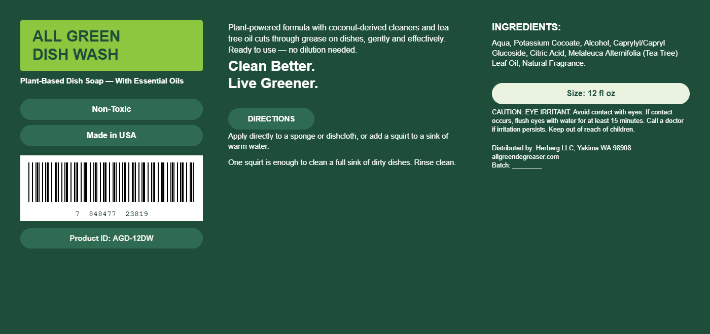 Back label of All Green Dish Soap, product code ADD-120W, on a dark green background. The label includes a white barcode, product description, ingredients list, directions, and a light green box showing the size as 12 fl oz. 