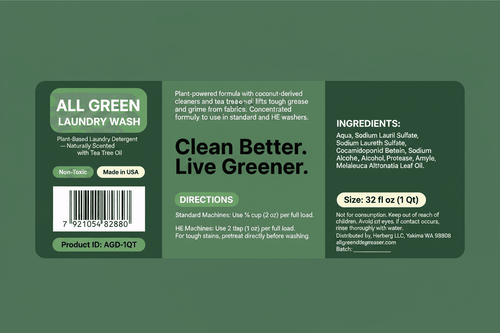 Back label of a 32 fl oz plant-based laundry detergent by All Green Laundry Wash, featuring product details, directions, ingredients, and a barcode on a dark green background.