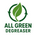 A green recycling-style leaf logo above the words 'ALL GREEN DEGREASER' on a light cream background.