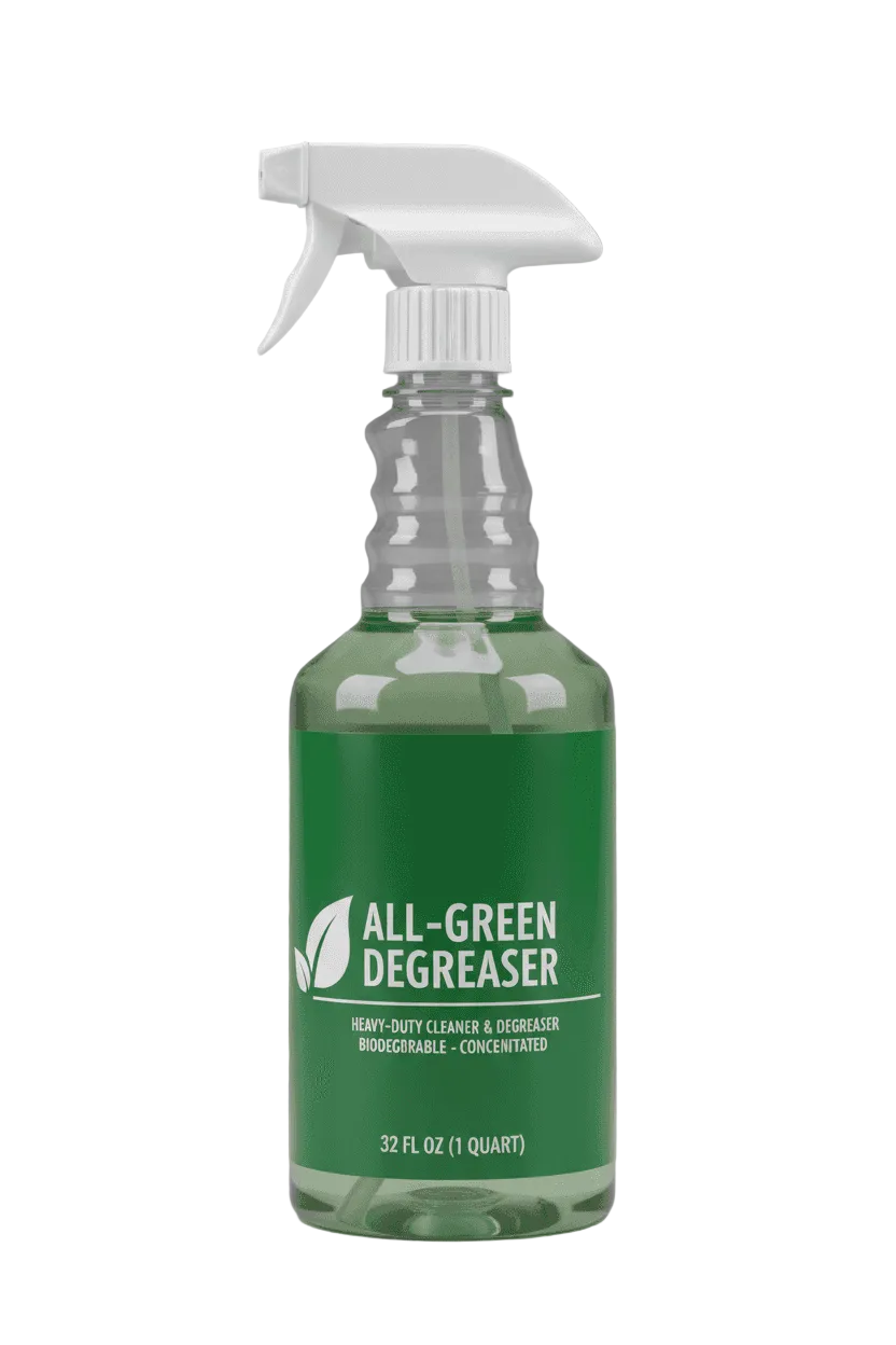 A 32 fl oz spray bottle of All-Green Degreaser with a white trigger sprayer and a green label, shown on a neutral gray background.