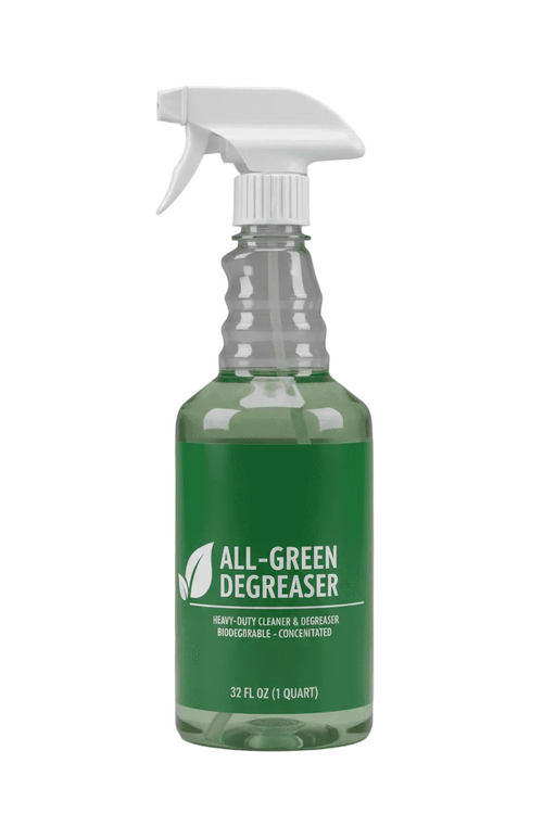 A 32 fl oz spray bottle of All-Green Degreaser with a white trigger sprayer and a green label, shown on a neutral gray background.