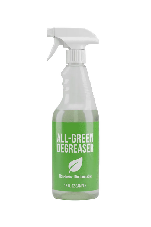 A 12 fl oz sample spray bottle of All-Green Degreaser, featuring a white trigger sprayer and a bright green label with white text, set against a neutral gray background.