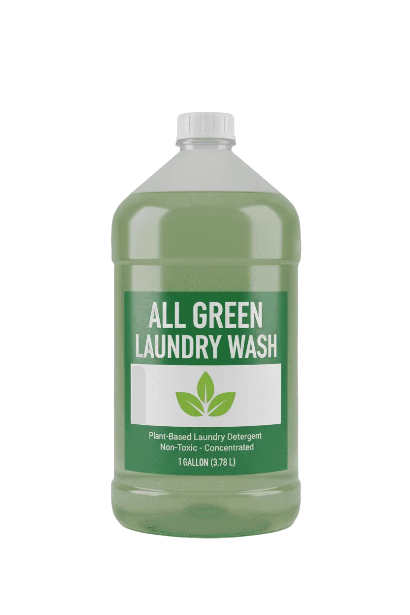 A large plastic bottle of All Green Laundry Wash with a white cap and a green-and-white label, shown on a neutral gray background.