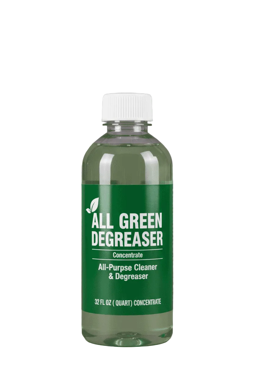 A 32 fl oz bottle of All Green Degreaser Concentrate, featuring a green label and white cap, set against a solid gray background.