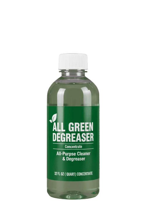 A 32 fl oz bottle of All Green Degreaser Concentrate, featuring a green label and white cap, set against a solid gray background.