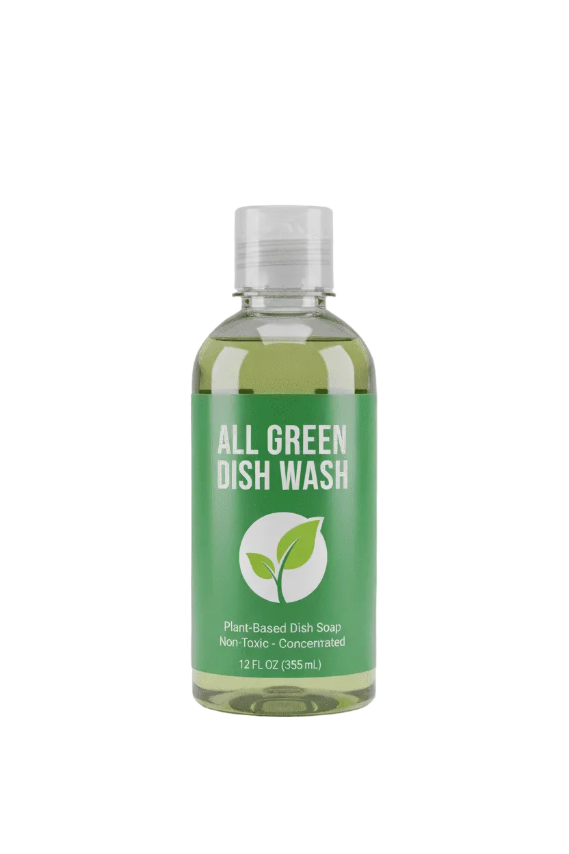 A 12 fl oz clear plastic bottle of All Green Dish Wash with a green label and white cap, centered on a light gray background.