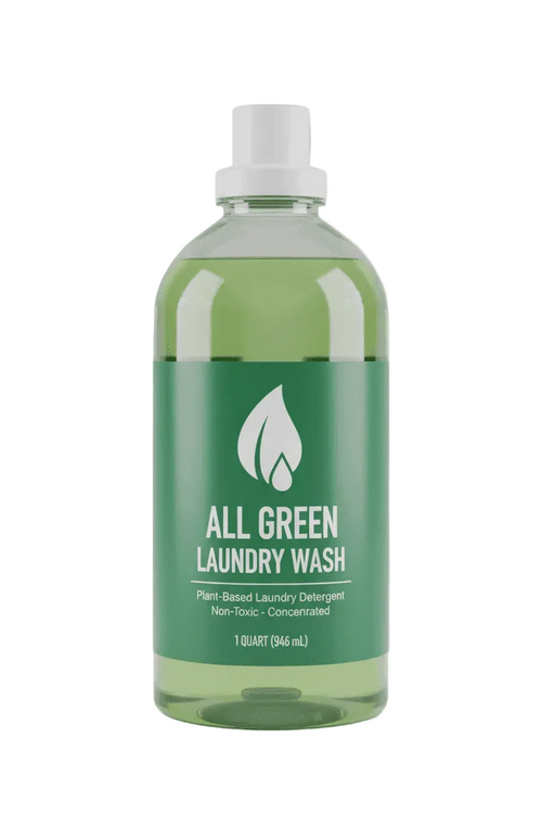 A 1 quart bottle of All Green Laundry Wash with a white cap and a green label, shown on a neutral gray background.