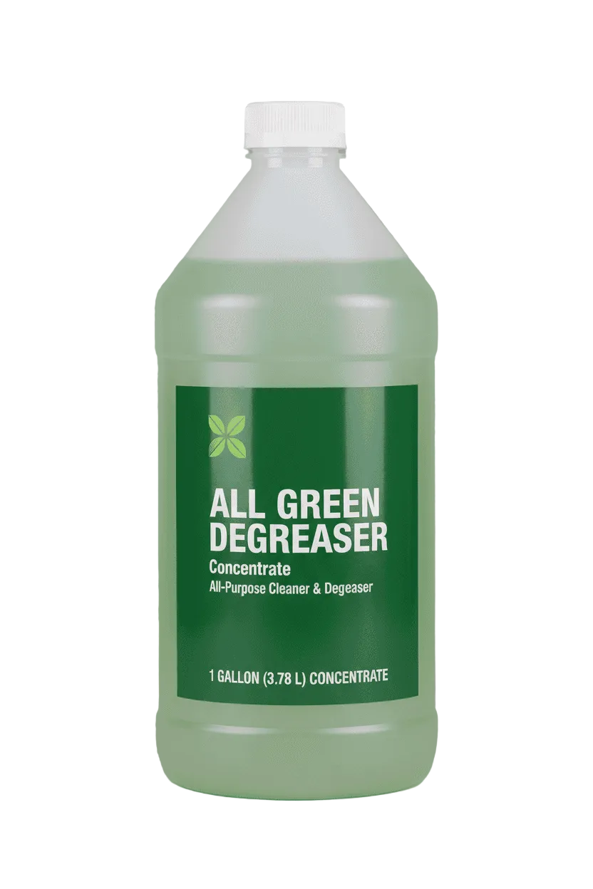 A 1 gallon plastic bottle of All Green Degreaser concentrate, filled with a pale green liquid, featuring a white cap and a dark green label with white text, set against a neutral gray background.